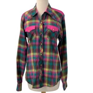 Cruel Women's Long Sleeve Snap Front Plaid Western Shirt Pink/Teal Frayed Size L